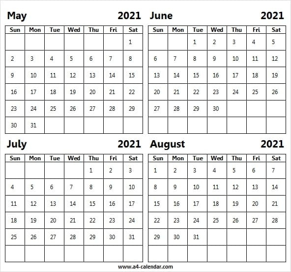 May To August 2021 Calendar Page - A4 Calendar