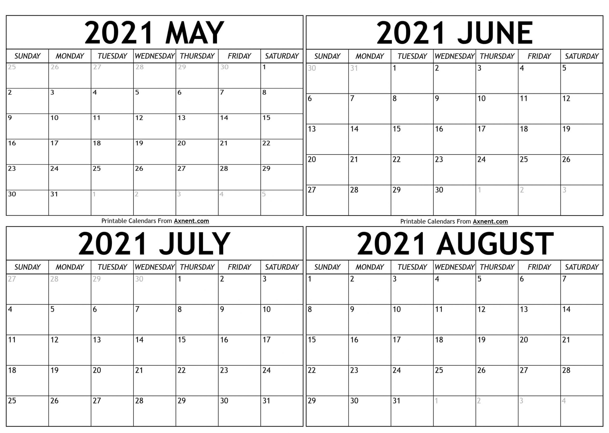 May To August 2021 Calendar Templates - Four Months