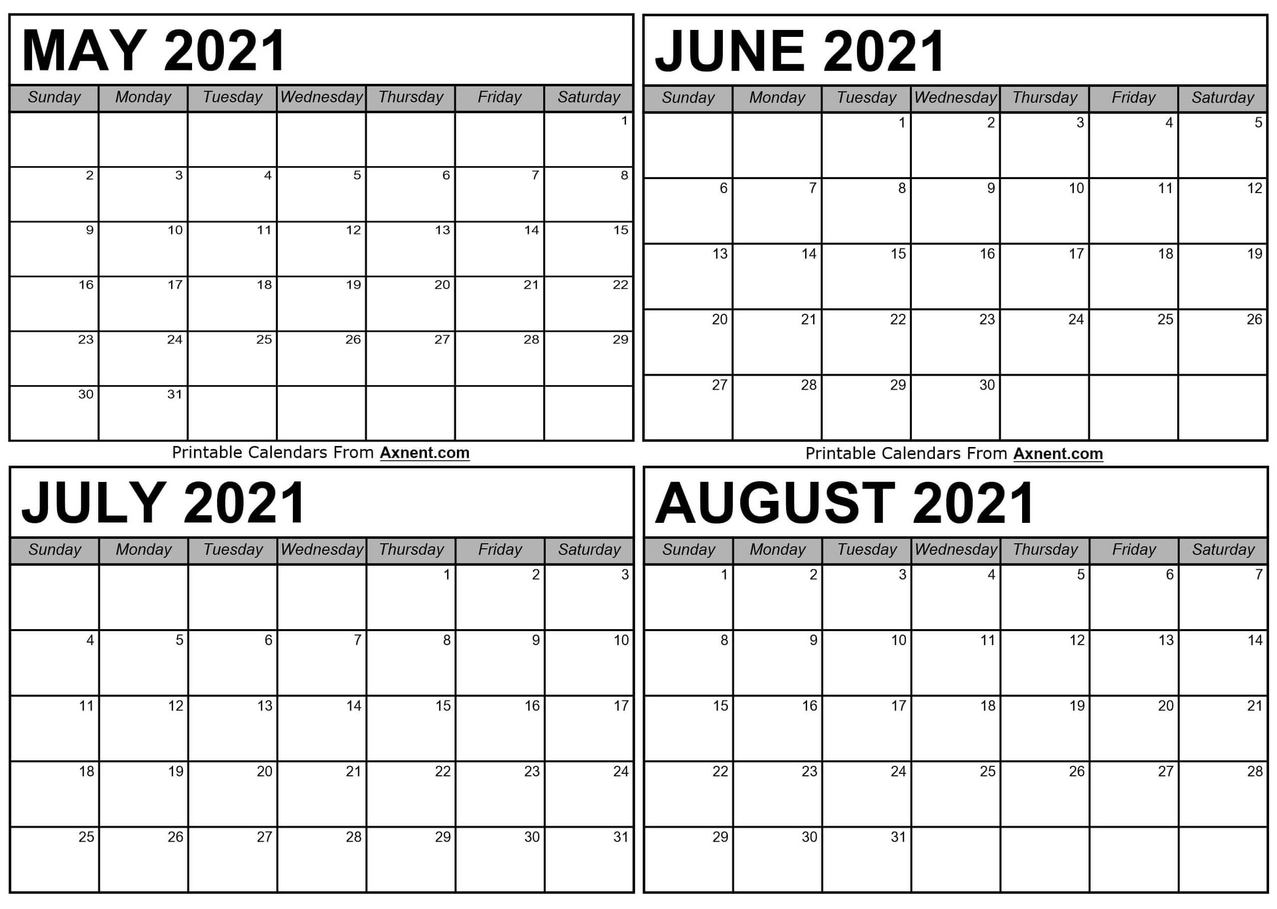 May To August 2021 Calendar Templates - Four Months