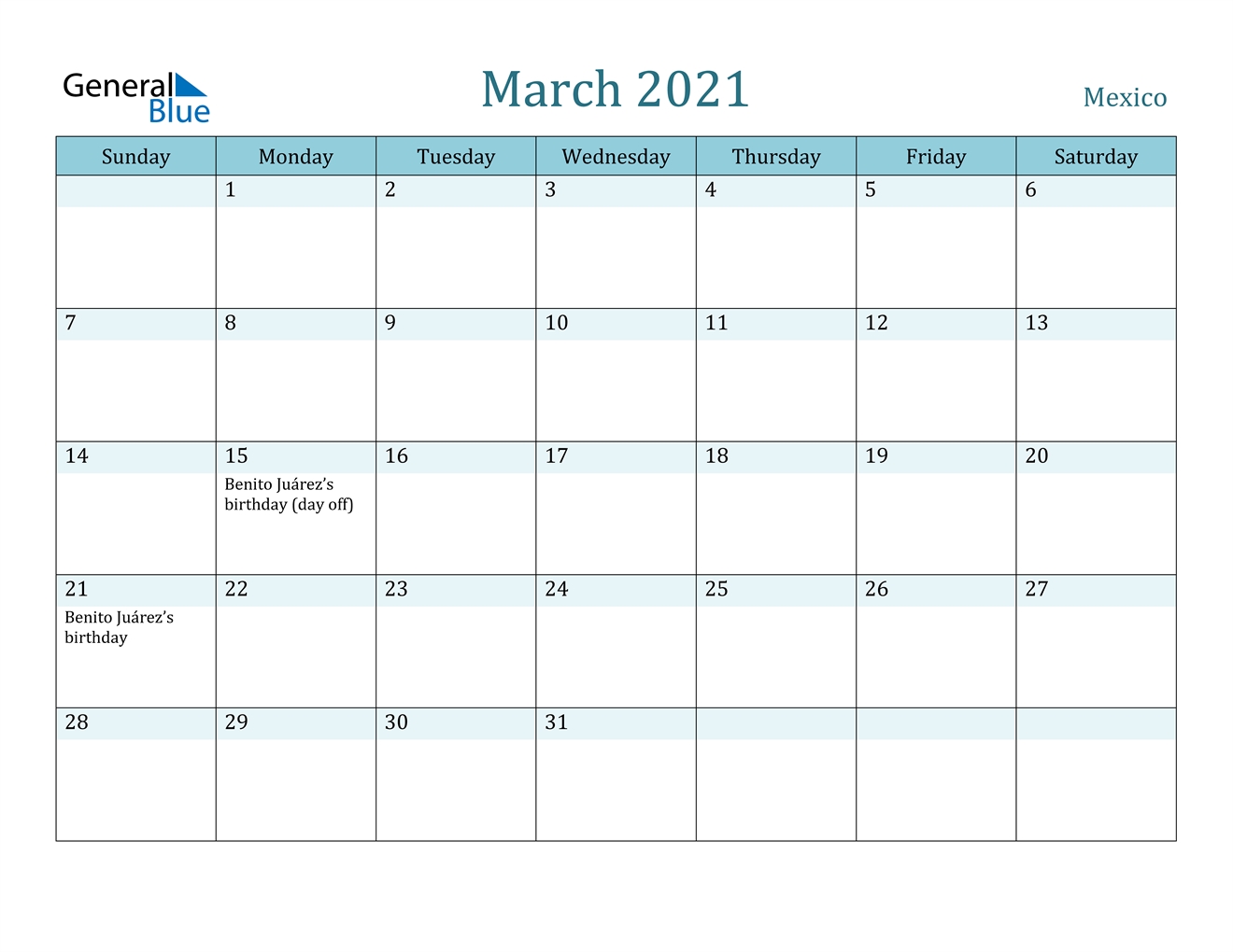 Mexico March 2021 Calendar With Holidays