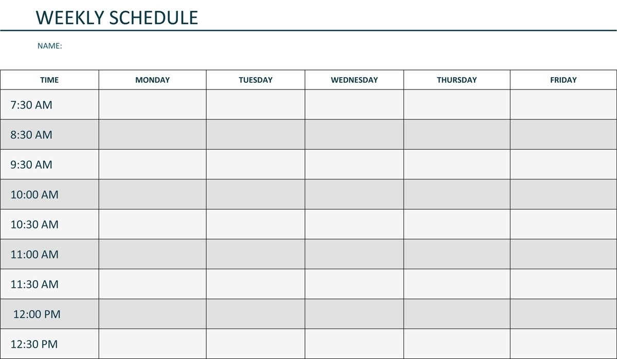 Mon Thru Friday Weekly Blank Calendar | Calendar Template