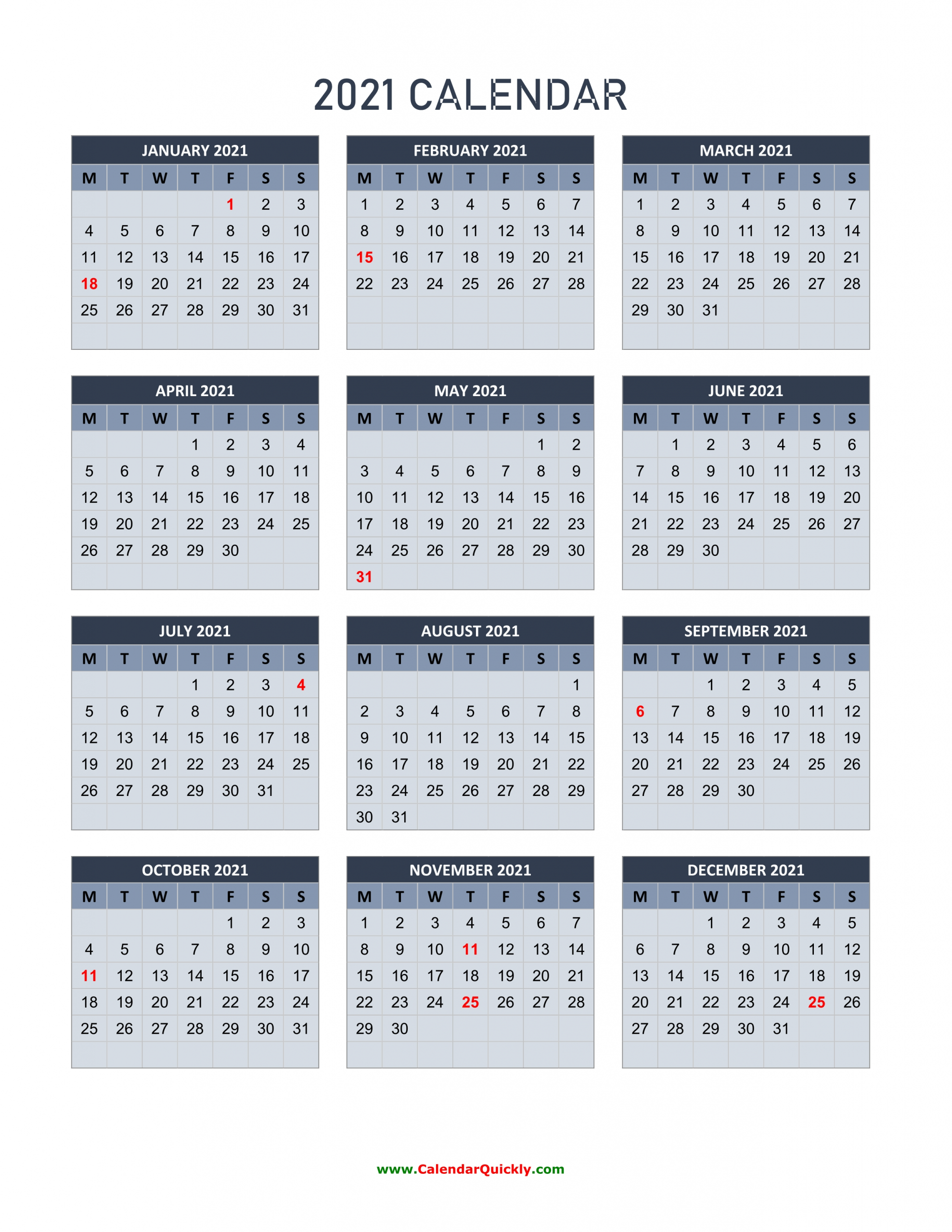 Monday 2021 Calendar Vertical | Calendar Quickly