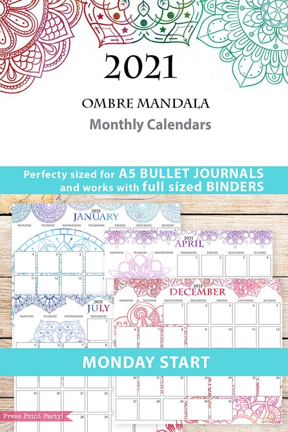 Monday Start 2021 Monthly Calendar Printable, Watercolor