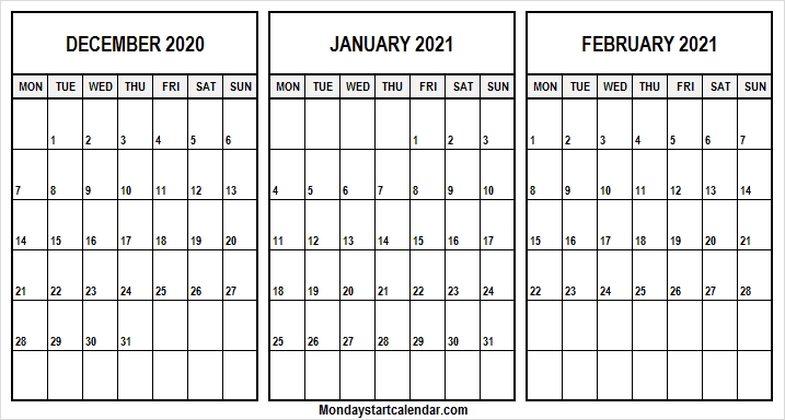 Monday Start Dec 2020 To Feb 2021 Calendar | Excel | Pdf