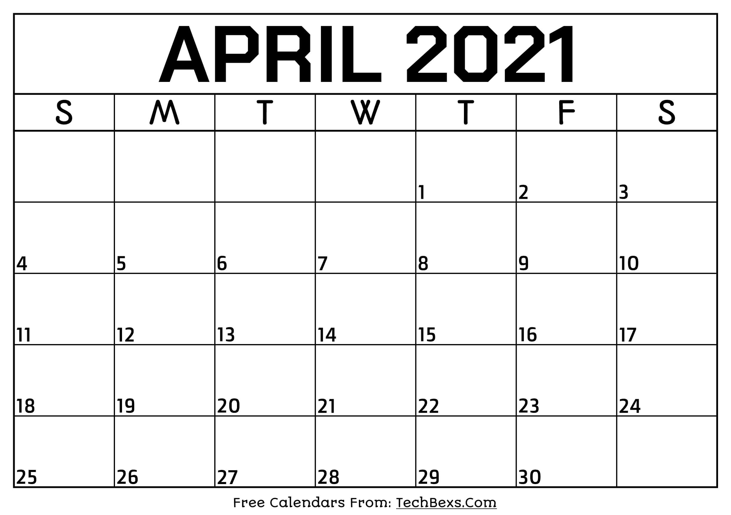 Monthly April 2021 Calendar Template