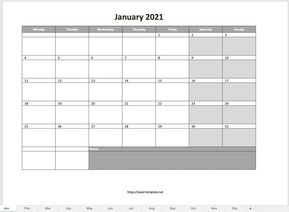 Monthly Calendar For 2021 [Free Excel Template]