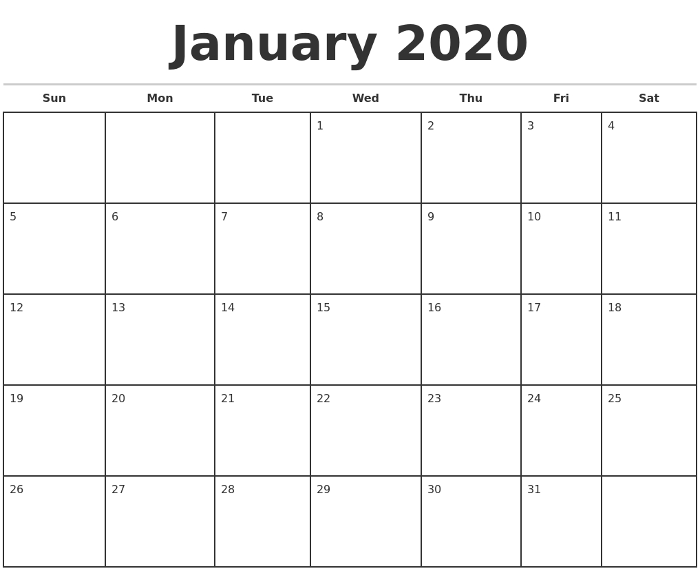 Monthly Calendar Monday -Sunday 2020 Printable Free