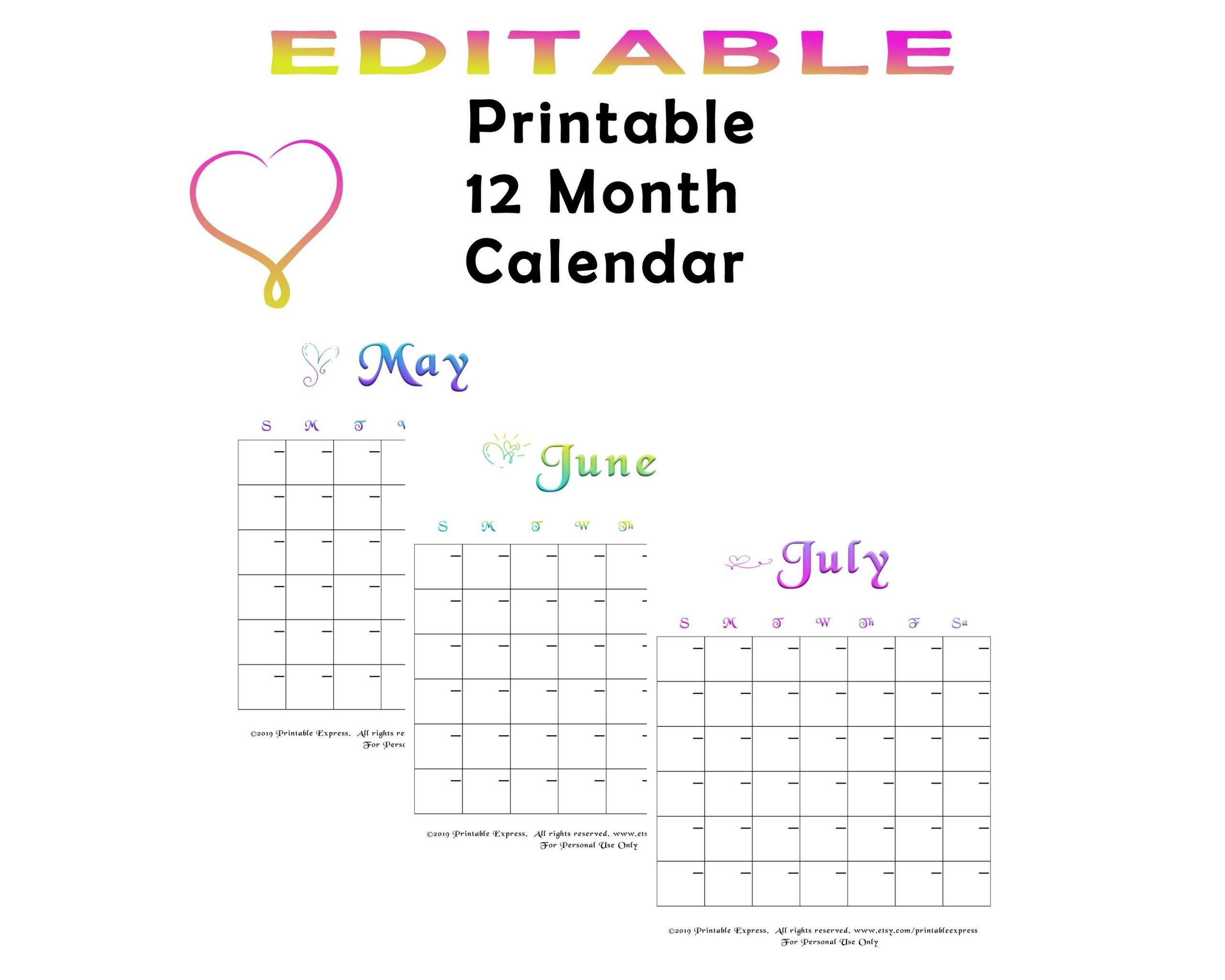 Monthly Calendar, Printable, Undated Planner, Editable