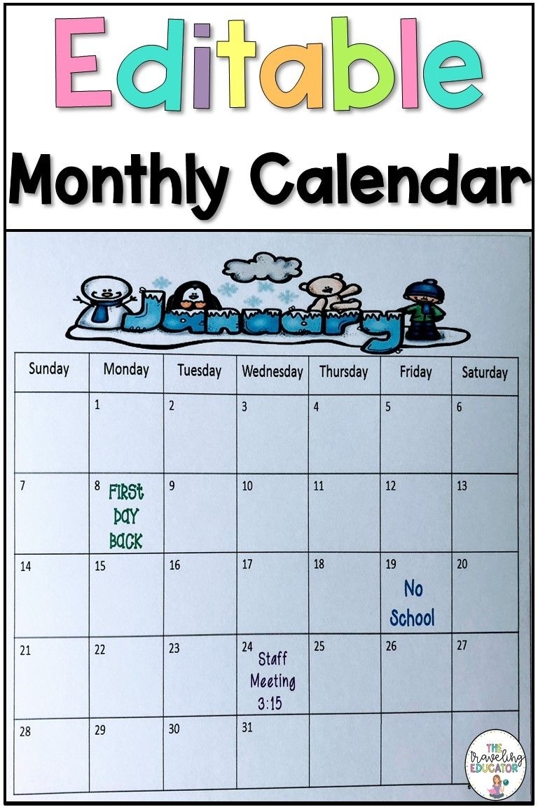 Monthly Calendar Template (Editable) | First Grade