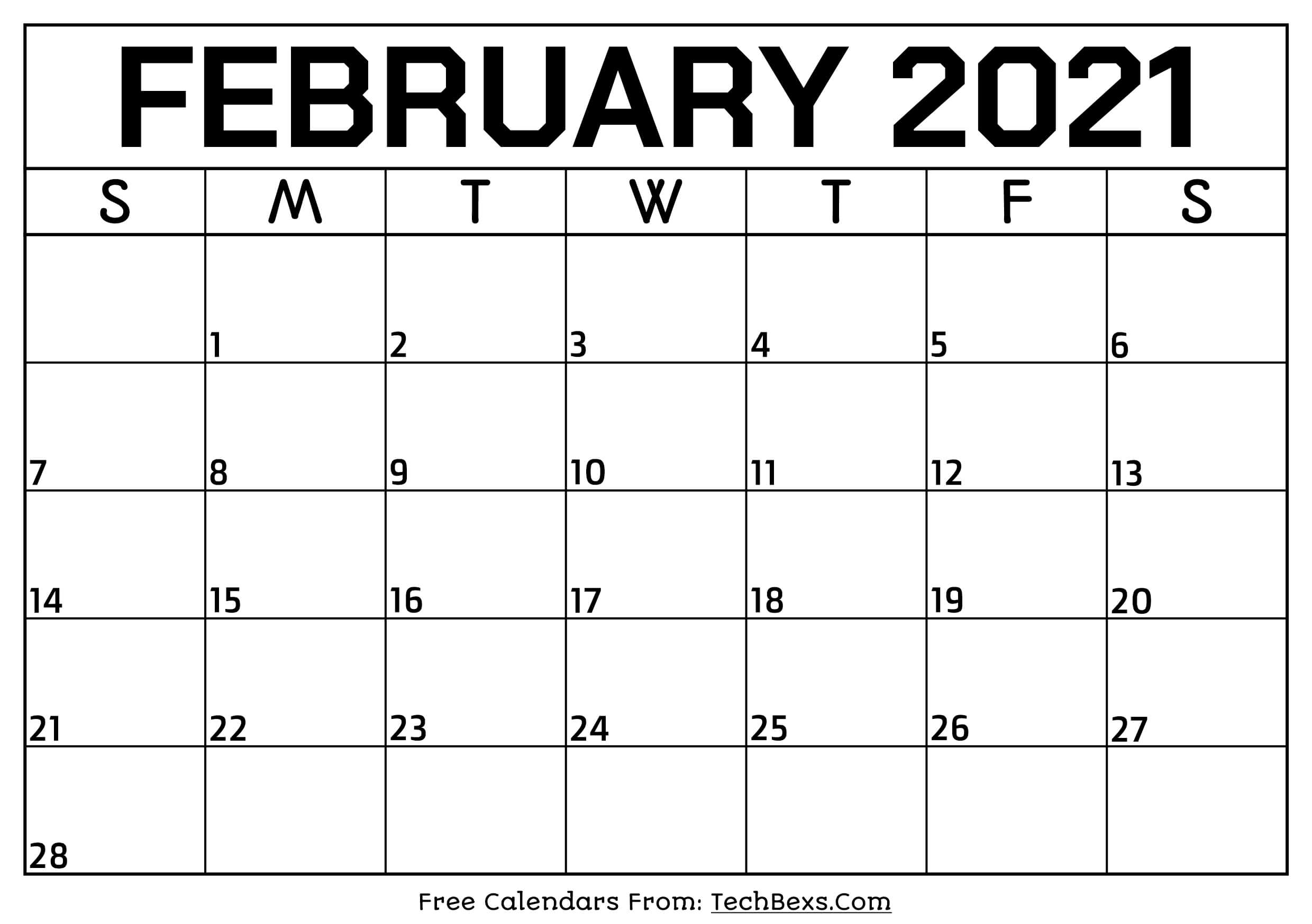 Monthly February 2021 Calendar Template - Printable