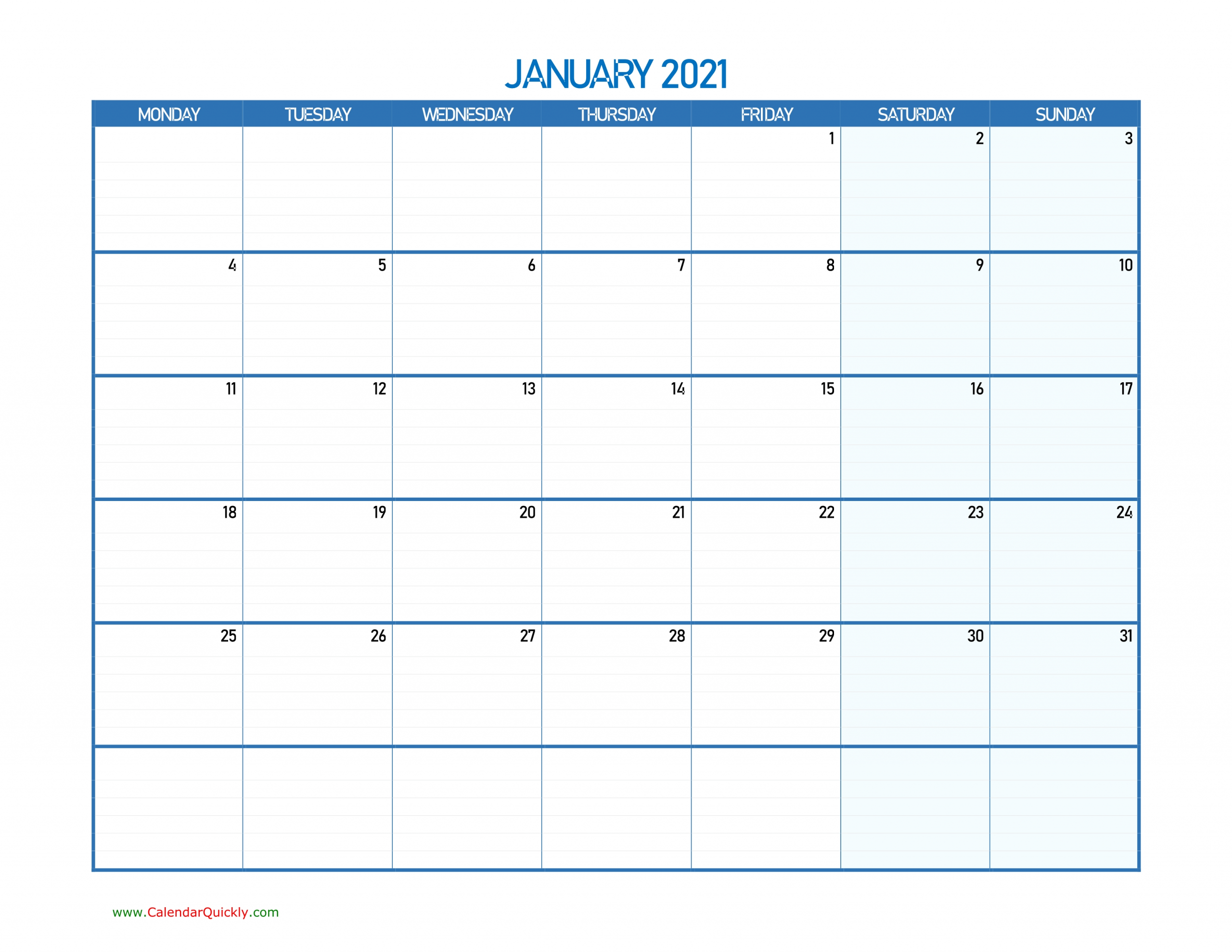 Monthly Monday 2021 Blank Calendar | Calendar Quickly