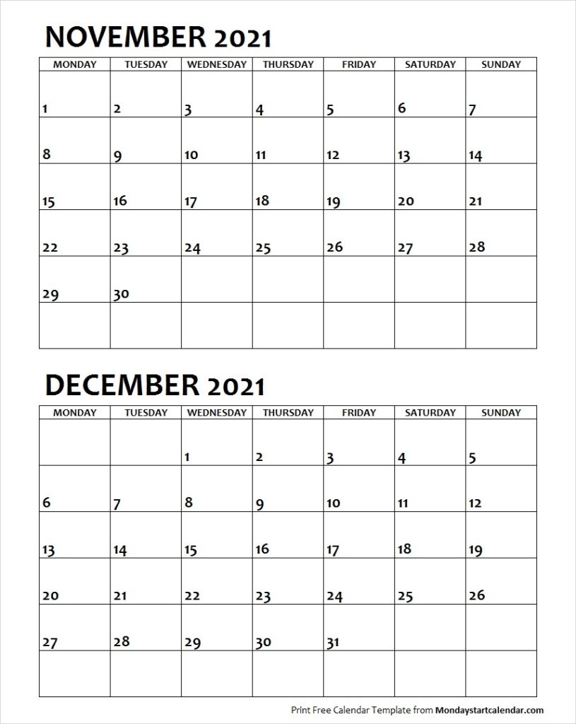 Nov Dec 2021 Calendar Monday Start | Editable Two Months