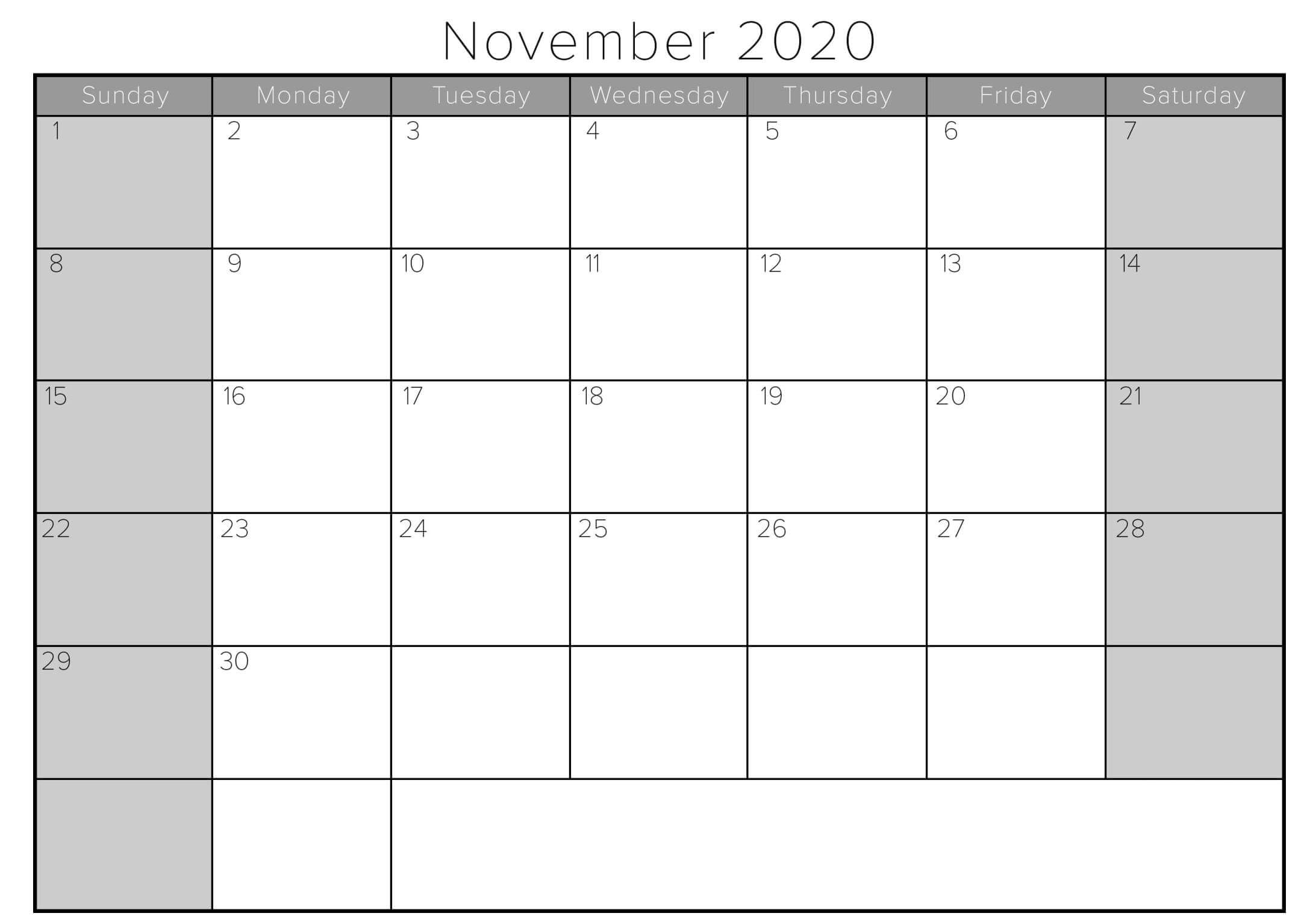 November 2020 Printable Calendar In Pdf Word Excel With