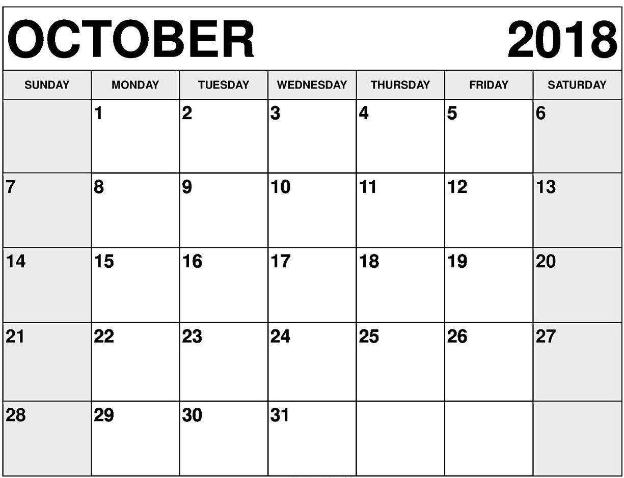 October 2018 Printable Calendar Editable | October