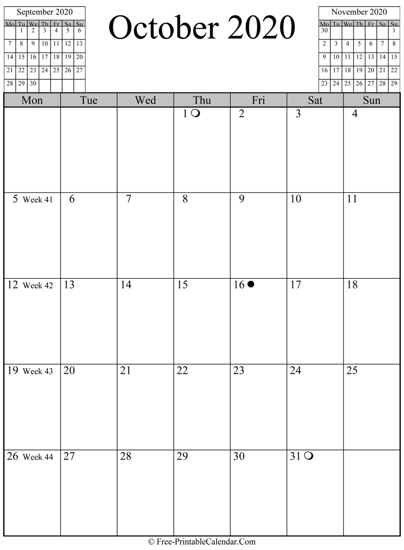 October 2020 Calendar (Vertical Layout)