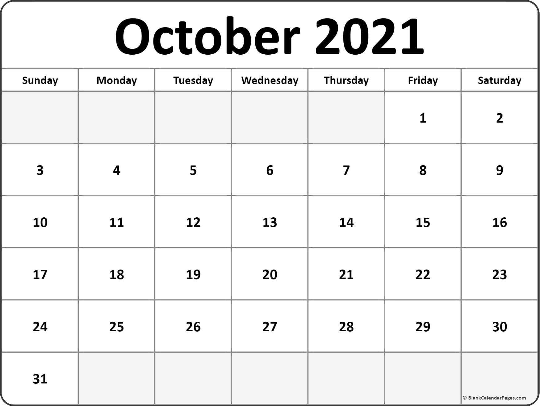 October 2021 Blank Calendar Templates.