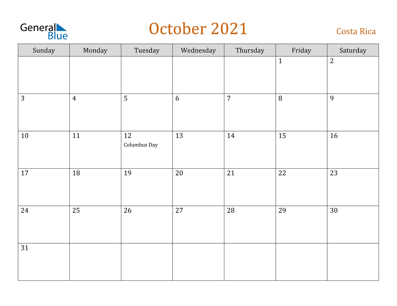 October 2021 Calendar - Costa Rica