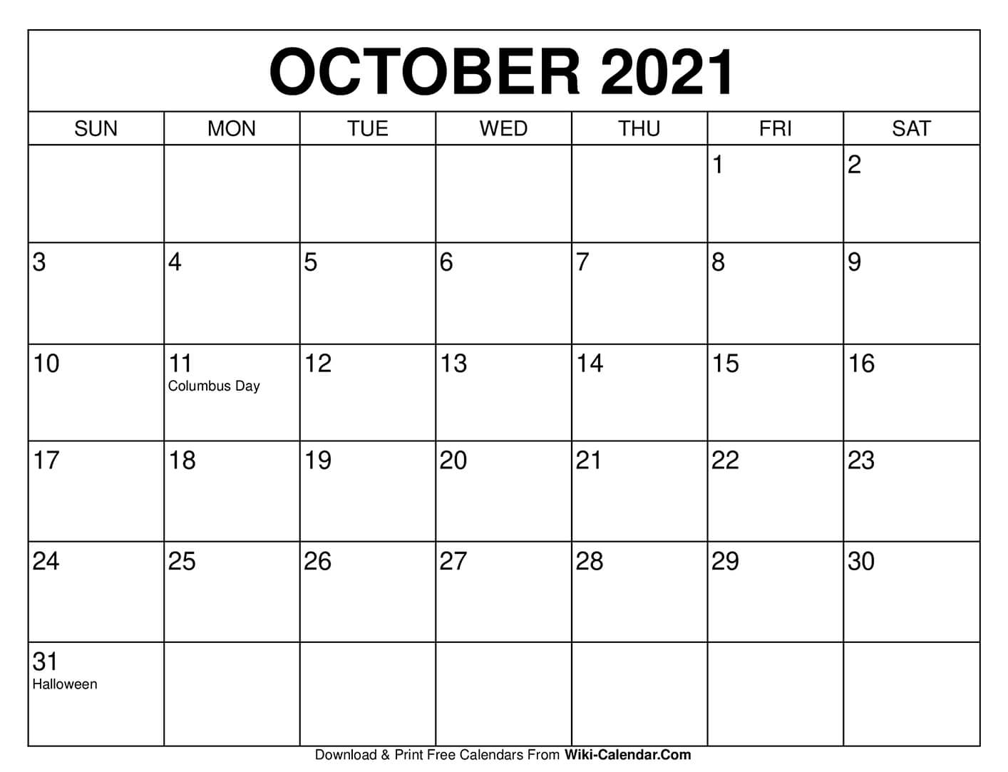 October 2021 Calendar Free Printable | 2021 Printable