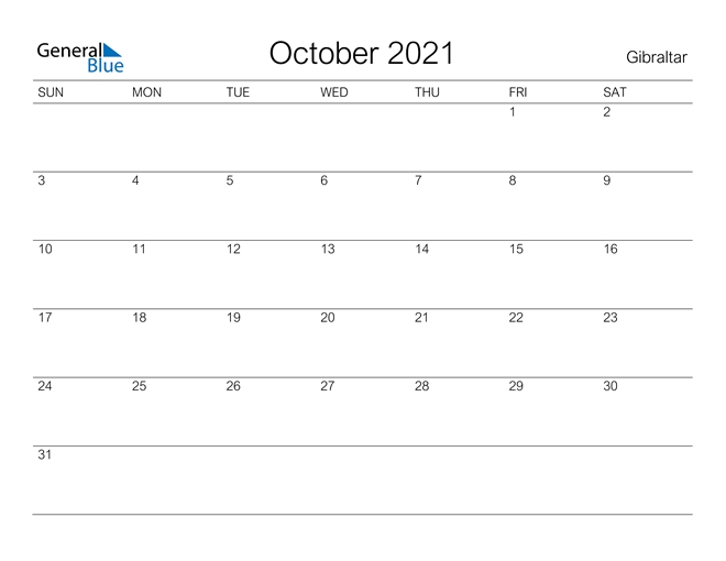 October 2021 Calendar - Gibraltar