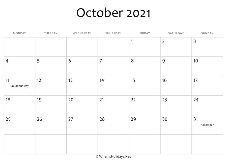 October 2021 Calendar Printable With Holidays