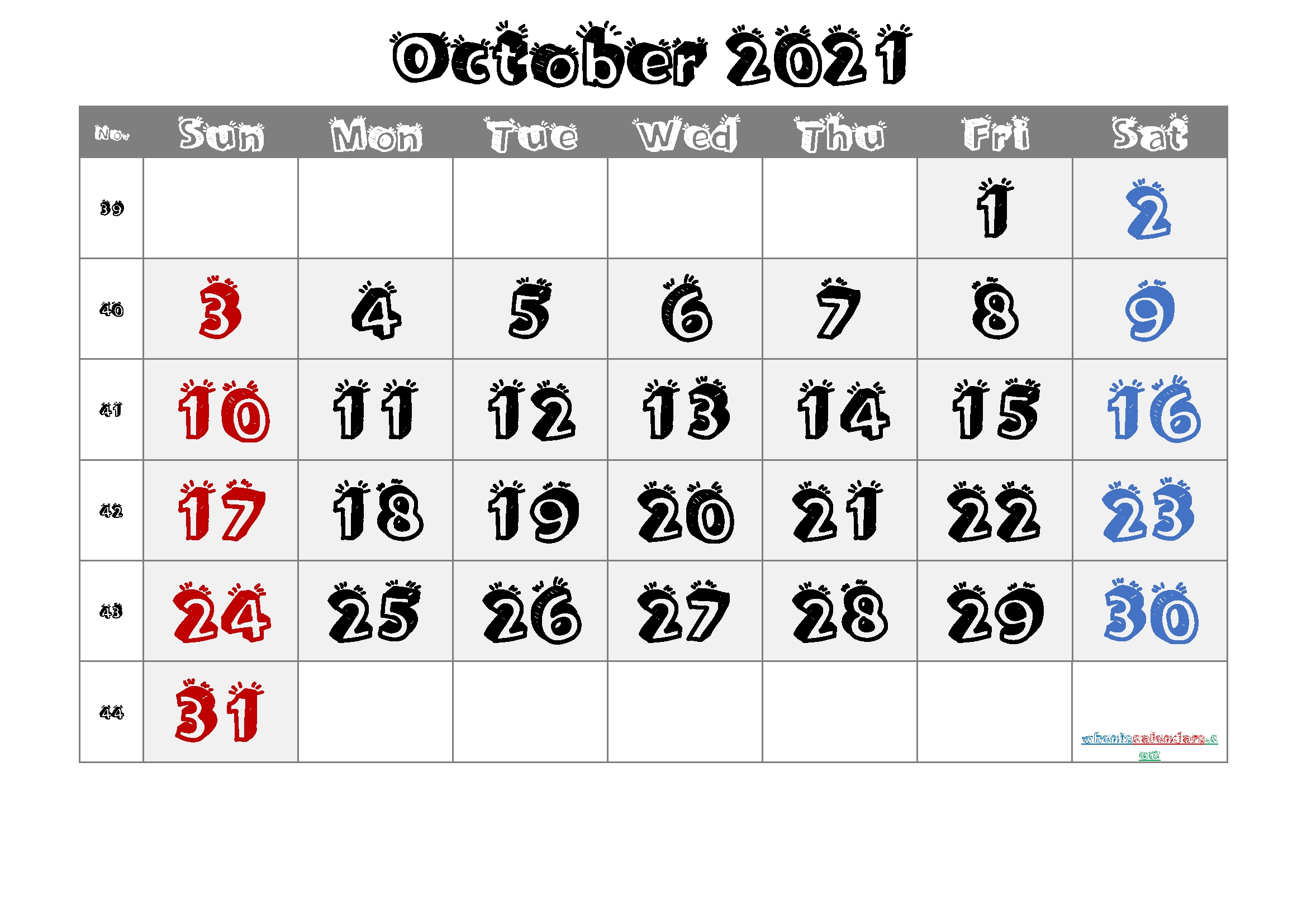 October 2021 Printable Calendar With Week Numbers October