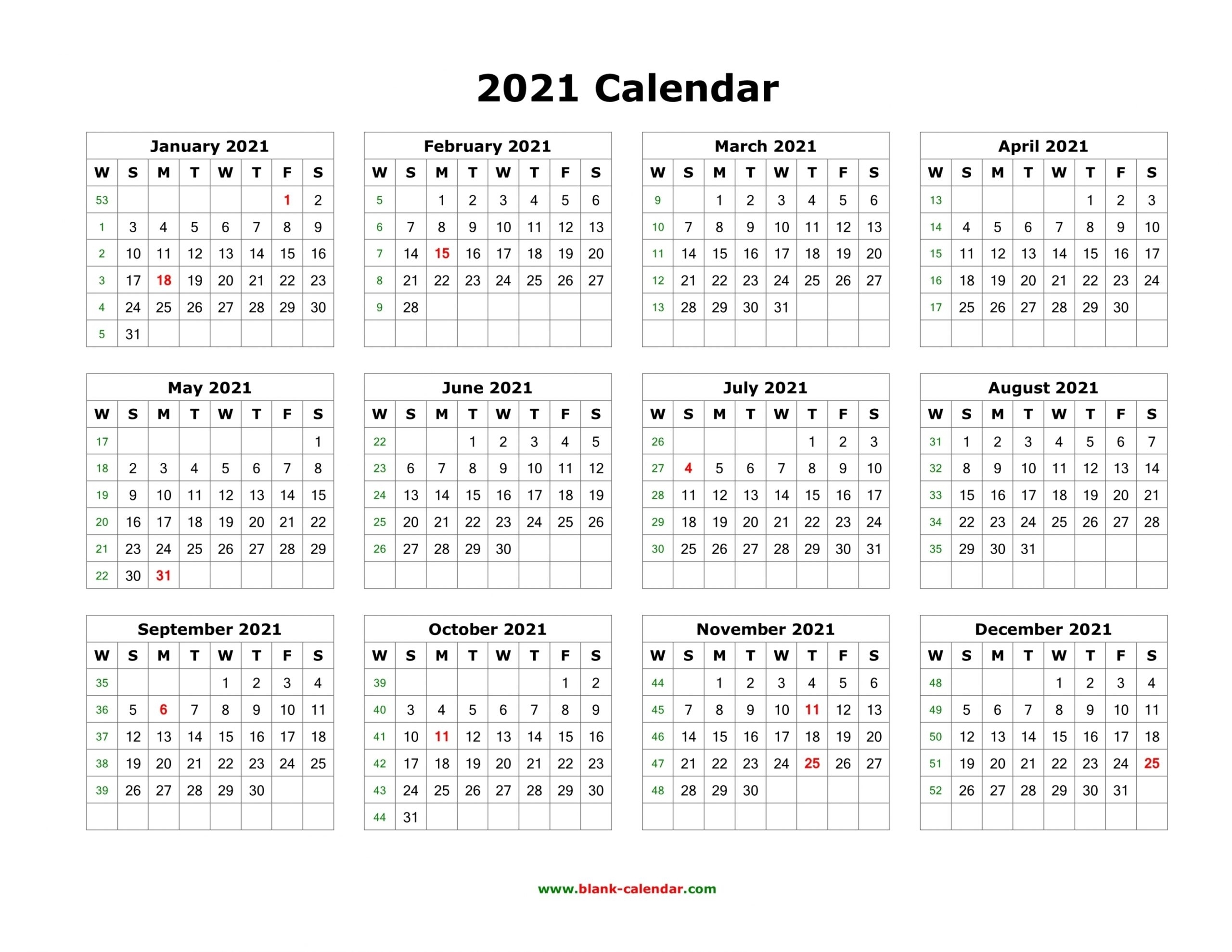 One Page Calendar 2021 | Free Letter Templates