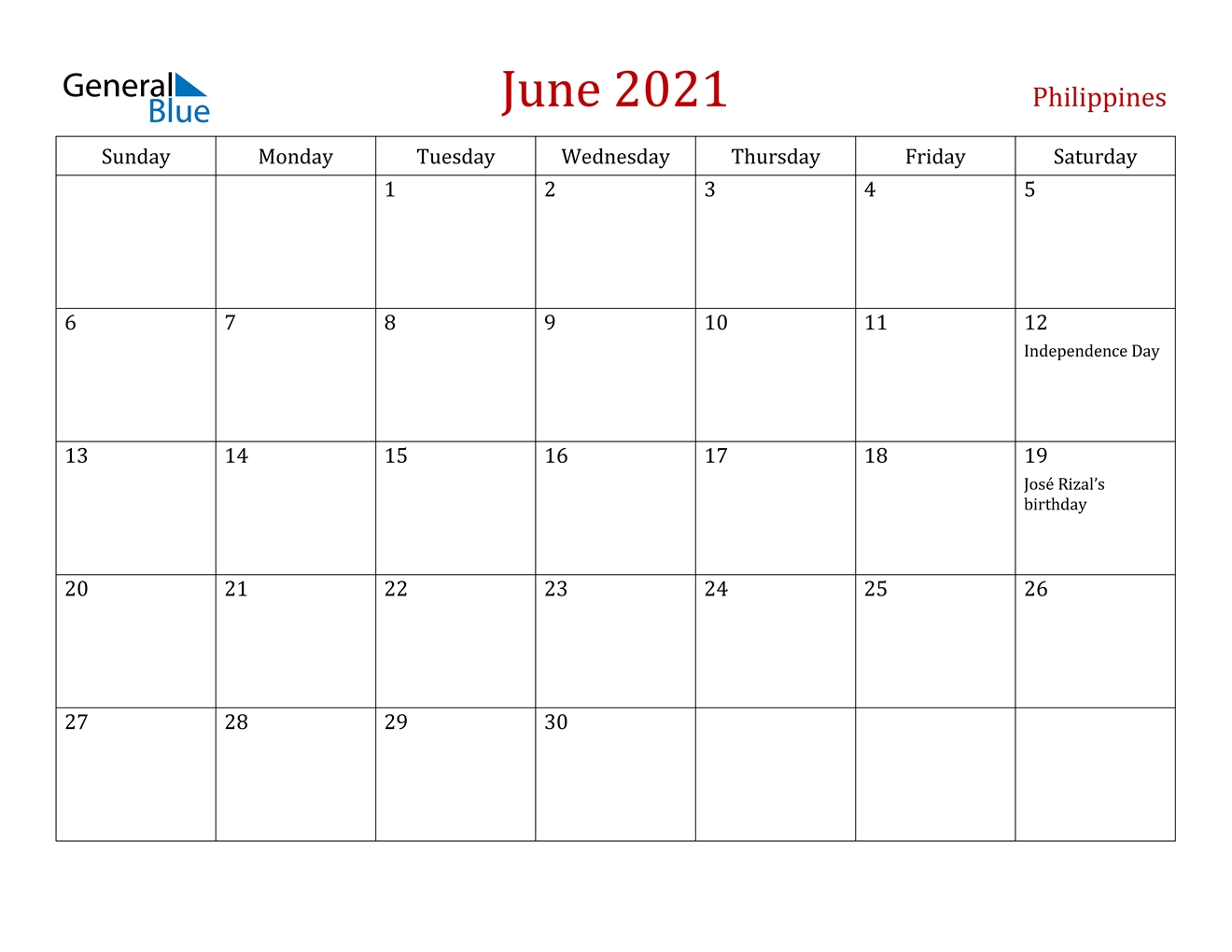 Philippines June 2021 Calendar With Holidays