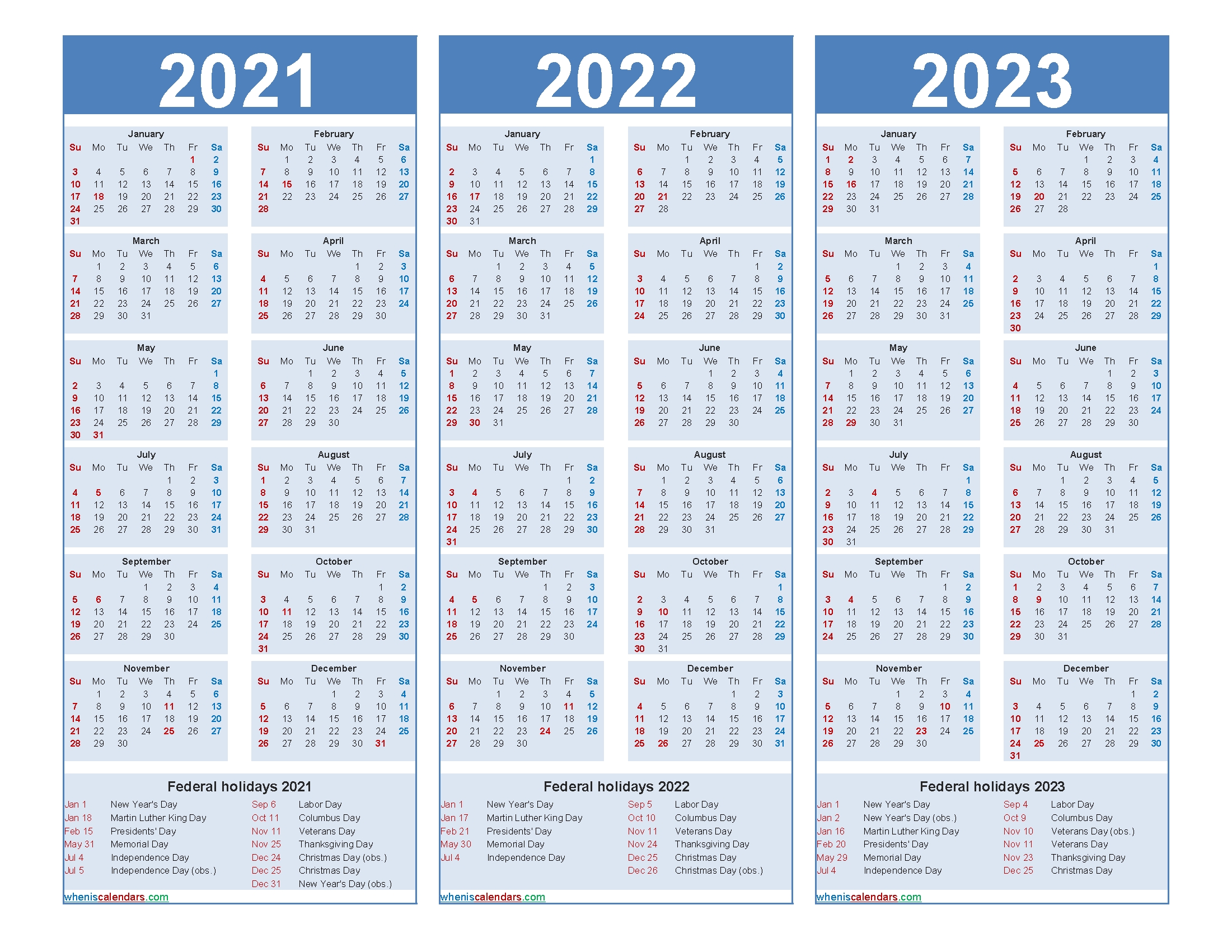 Printable 2021 2022 And 2023 Calendar With Holidays Word, Pdf