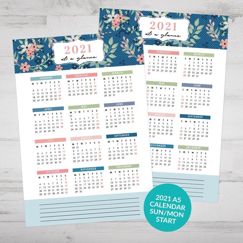 Printable 2021 At A Glance Calendar Yearly Calendar Bullet