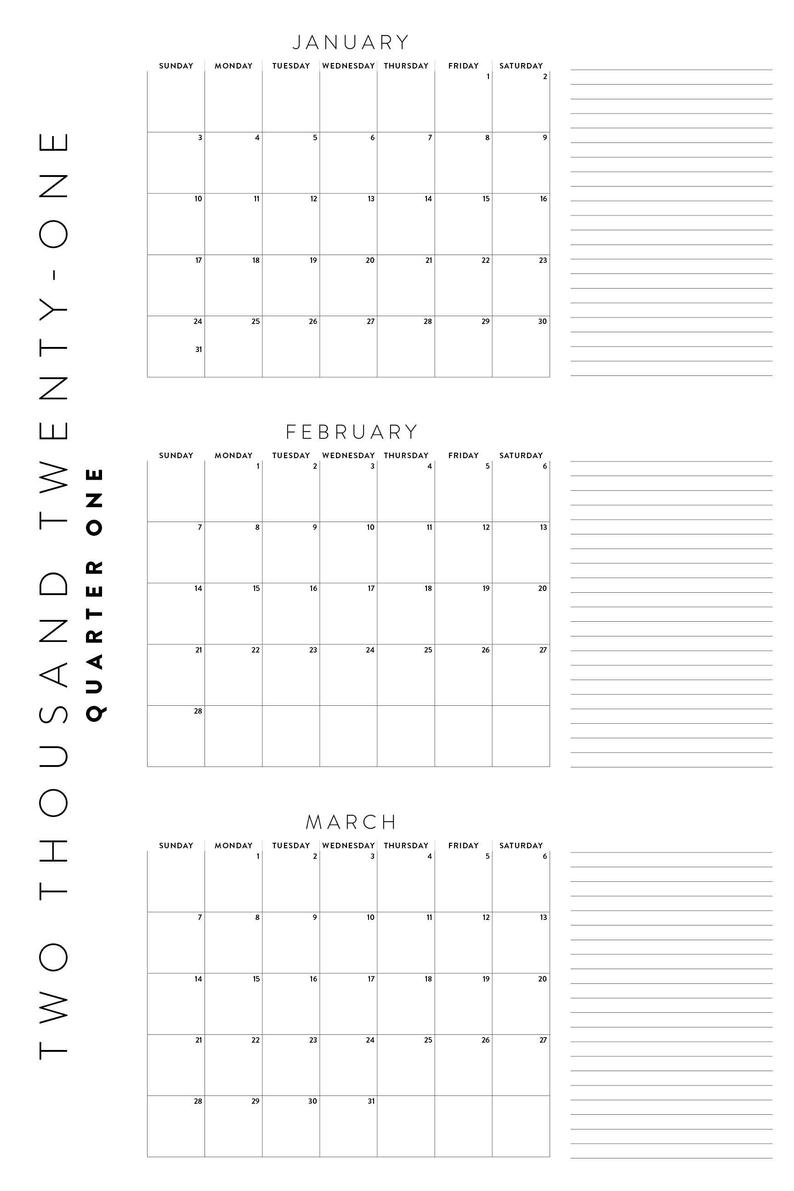 Printable 2021 Calendar Bundle Yearly Quarterly Calendars