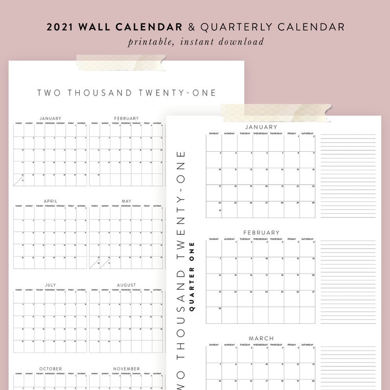 Printable 2021 Calendar Bundle Yearly Quarterly Calendars