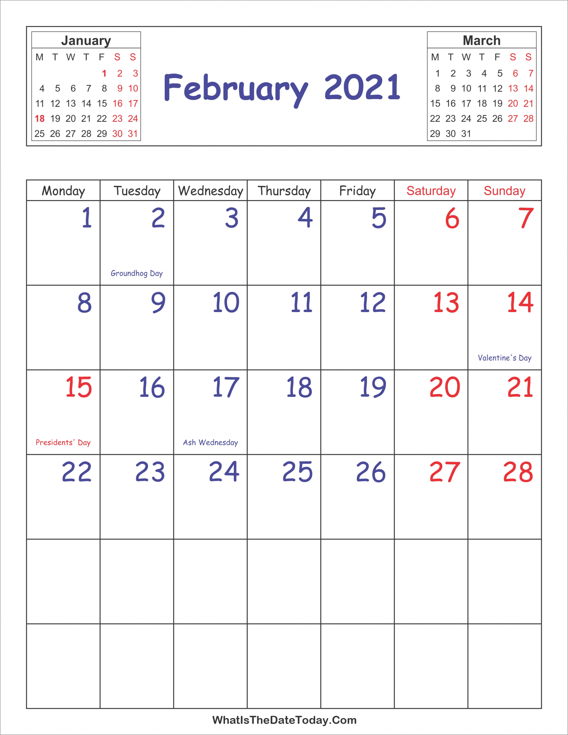 Printable 2021 Calendar February (Vertical Layout