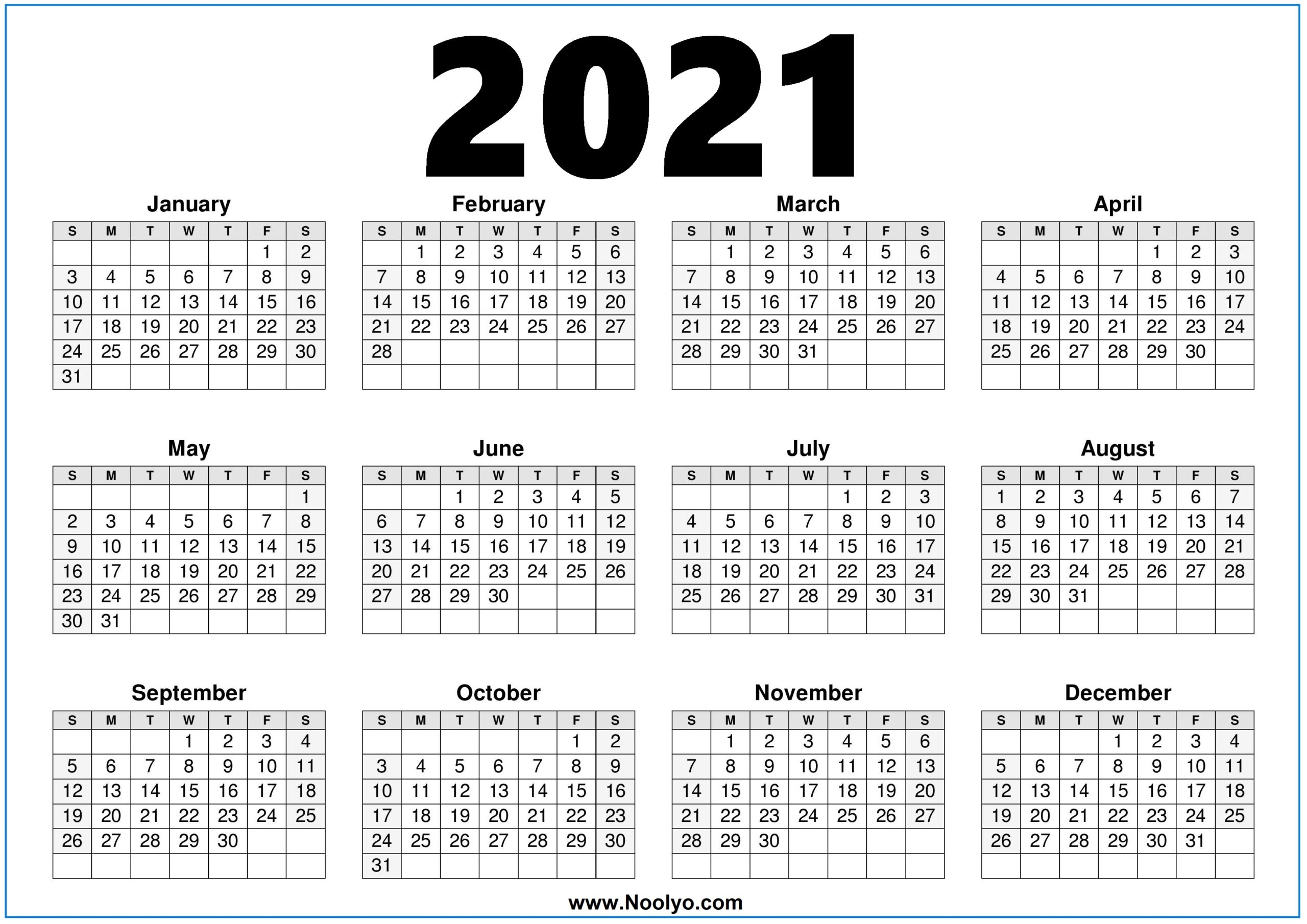 Printable 2021 Calendar On One Page