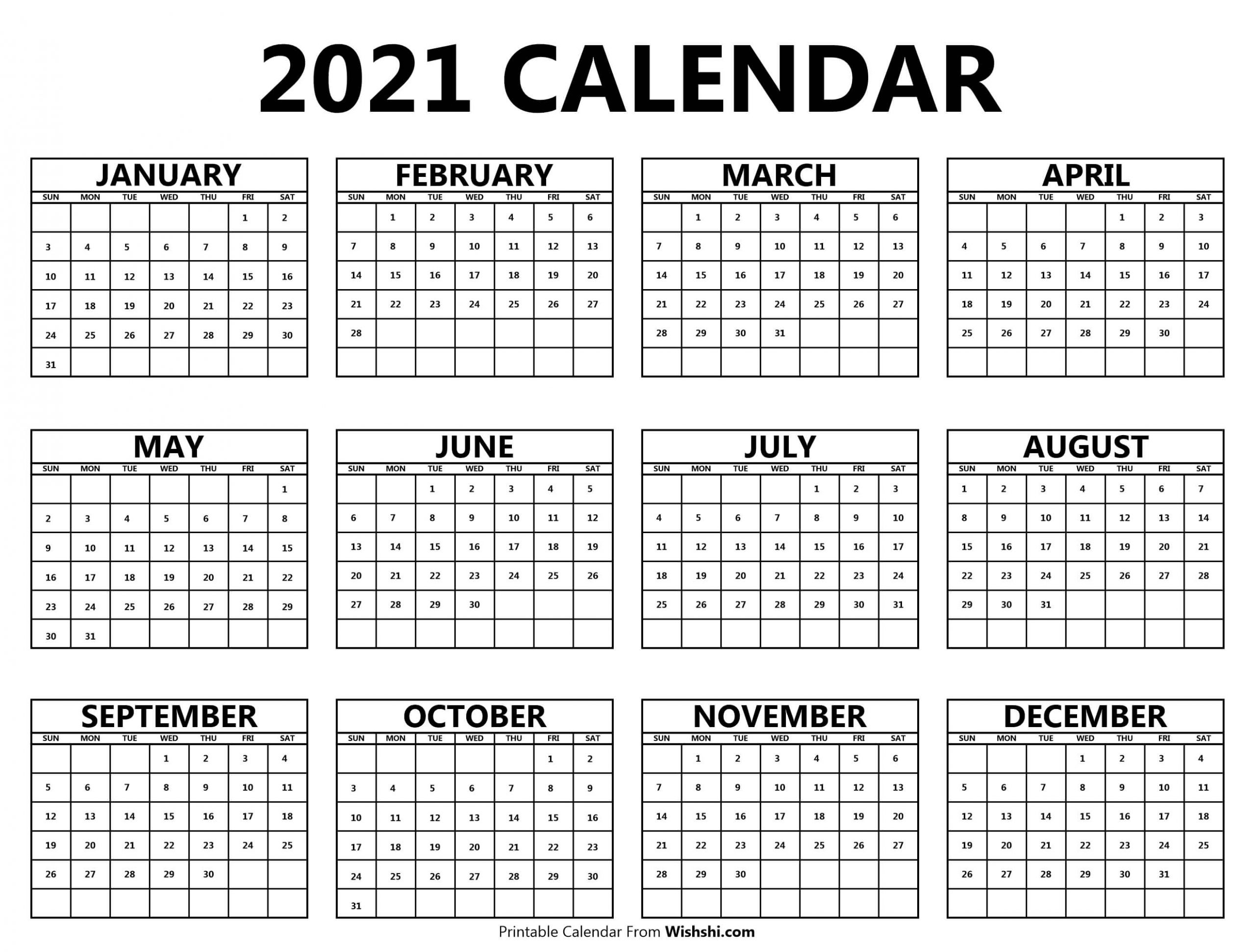 Printable 2021 Yearly Calendar - Free Printable Calendars