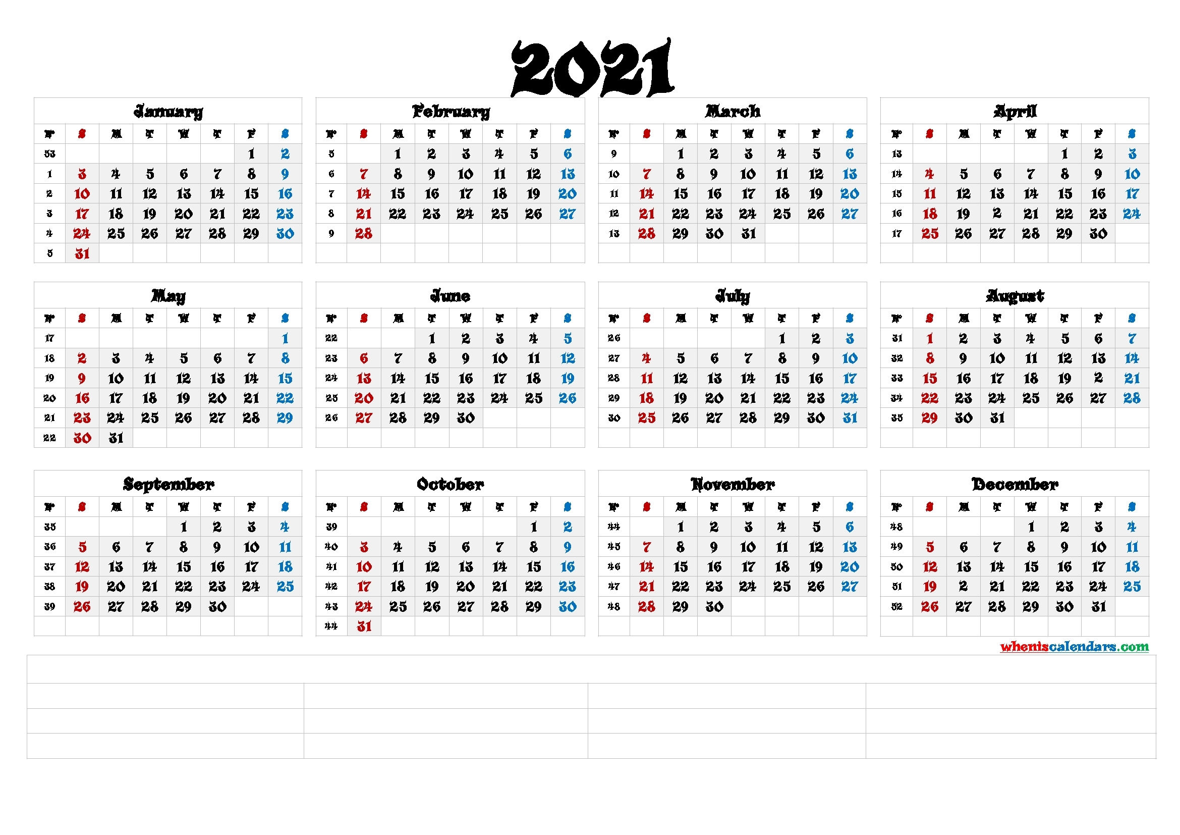 Printable 2021 Yearly Calendar With Week Numbers (6
