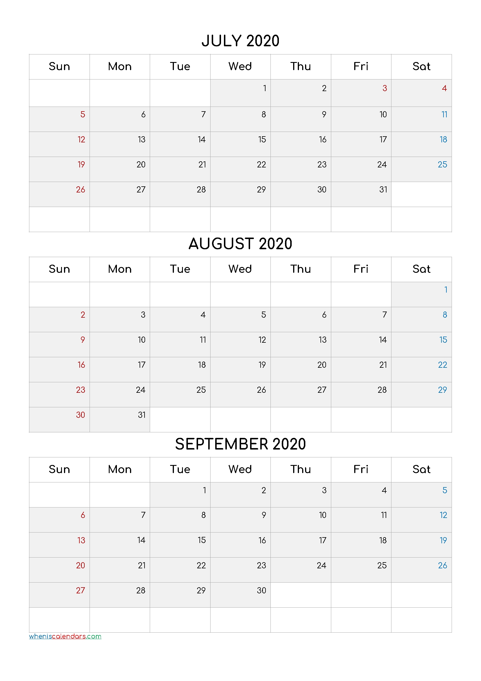 Printable 3 Month Calendar July August September 2020