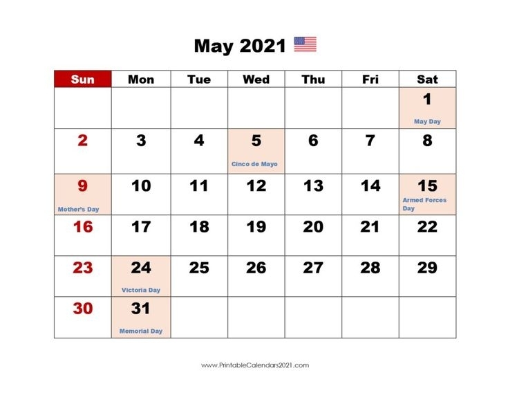 Printable Calendar May 2021, Printable 2021 Calendar With