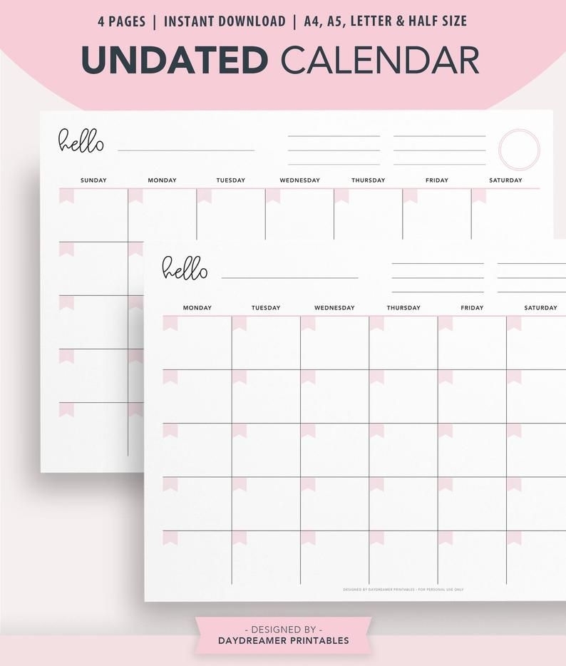 Printable Calendar, Undated Desk Calendar, Wall Calendar