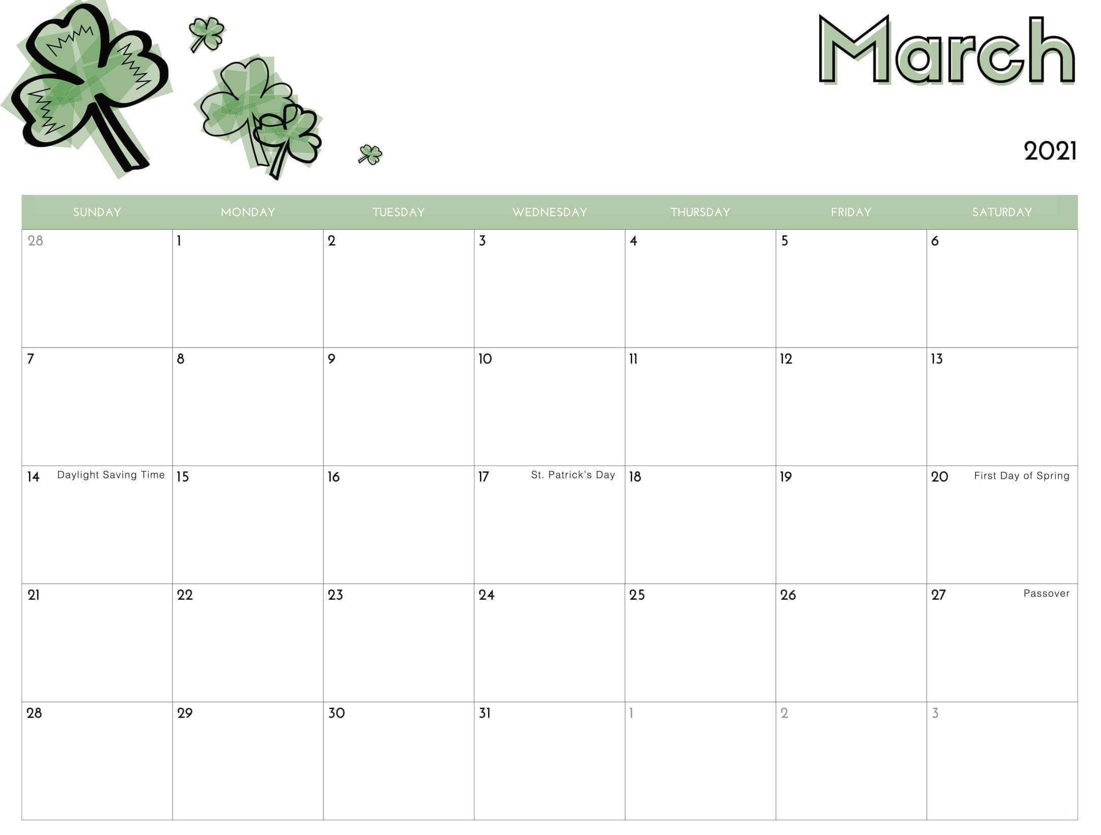 Printable Cute March 2021 Calendar Template Images - Set