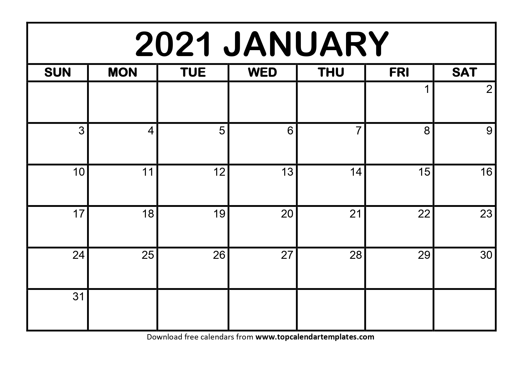 Printable January 2021 Calendar Template - Download Now