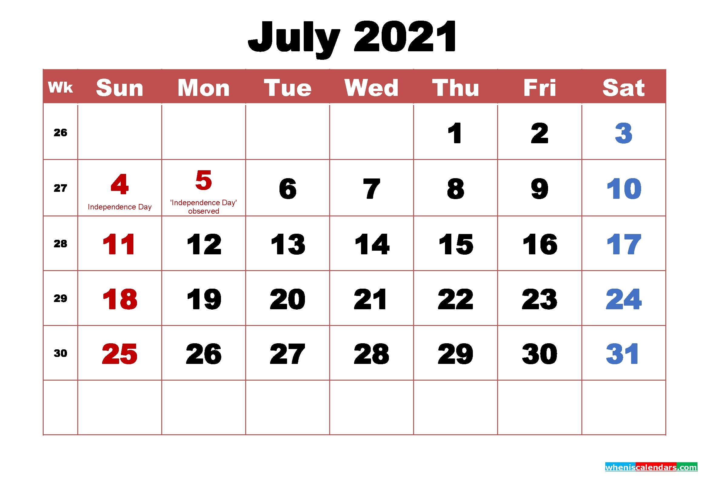 Printable July 2021 Calendar With Holidays Word, Pdf