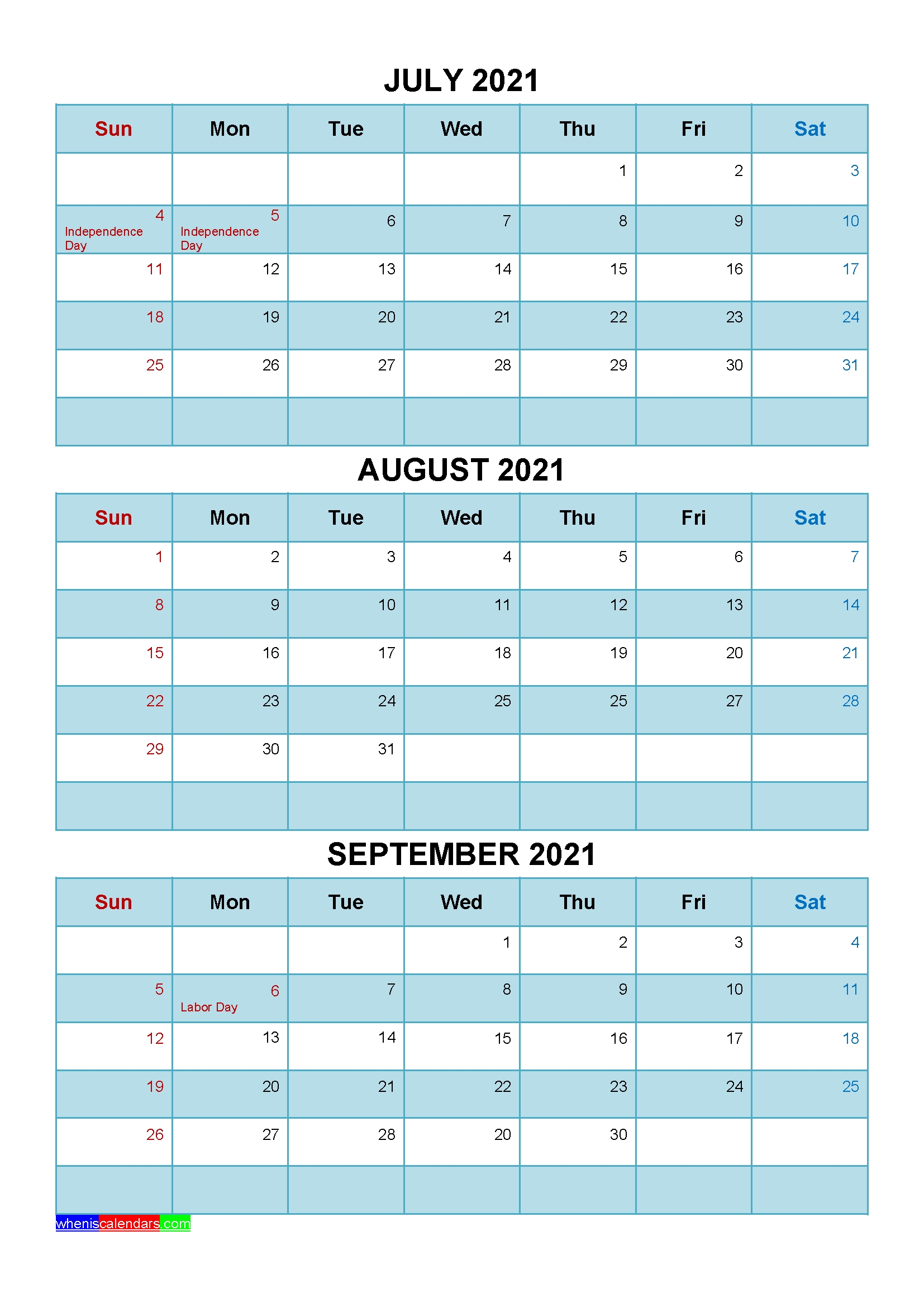 Printable July August September 2021 Calendar Template