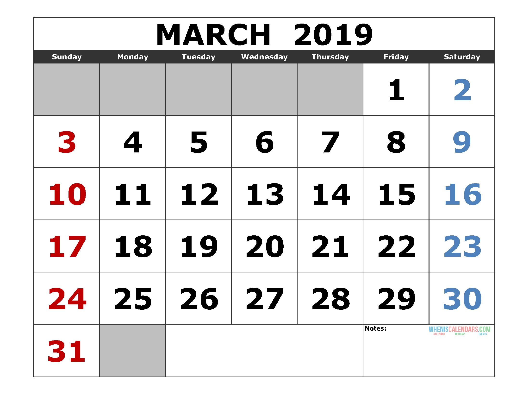 Printable March 2019 Calendar Template, Landscape Format