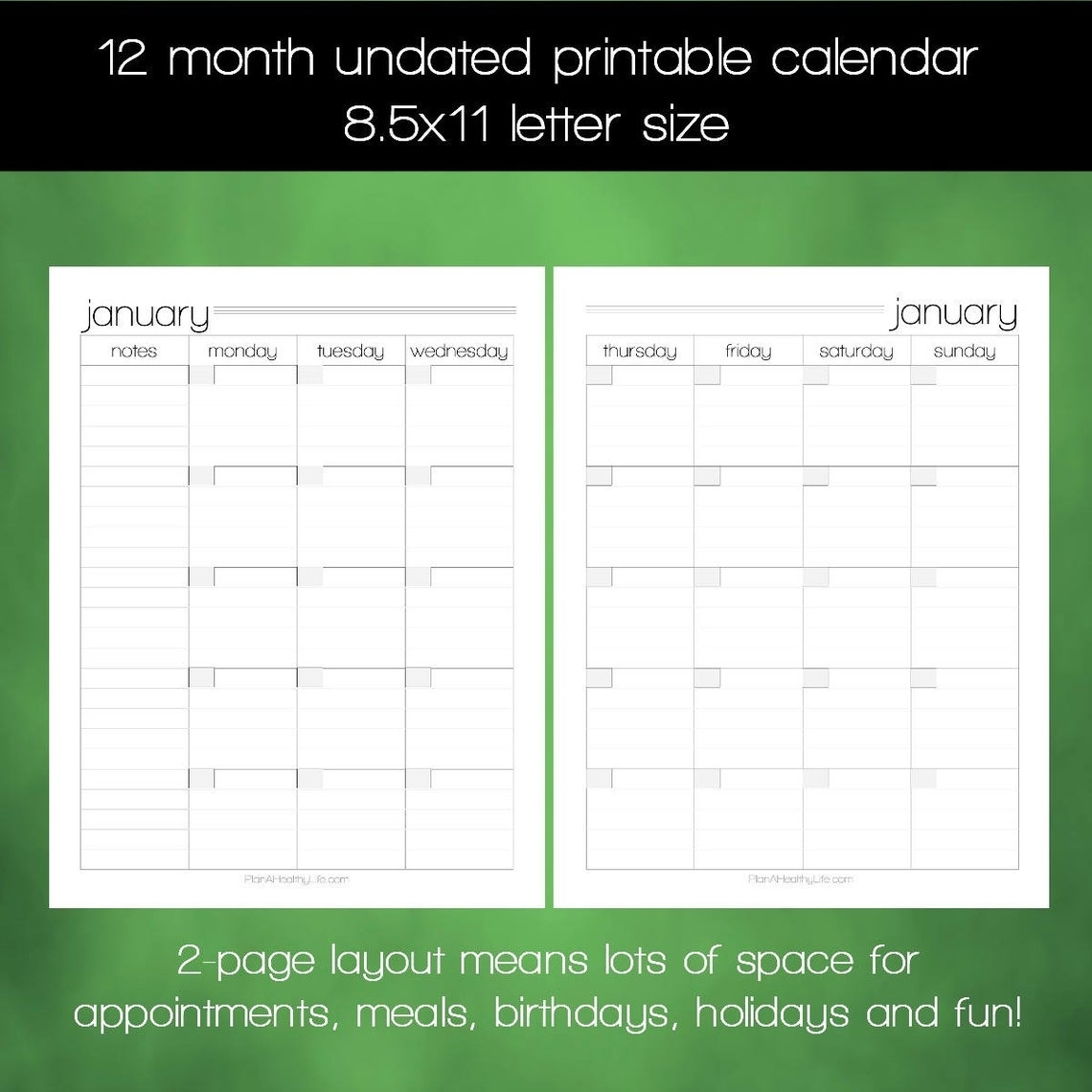 Printable Monthly Undated Calendar 8.5X11 Letter Size Pdf