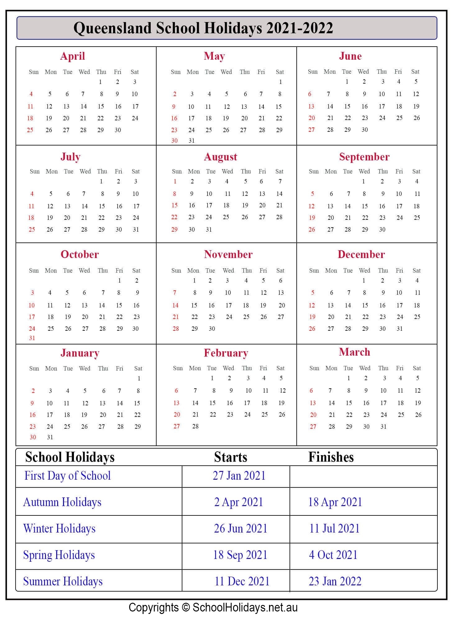 Printable Qld School Holiday Calendar 2021 | Calendar