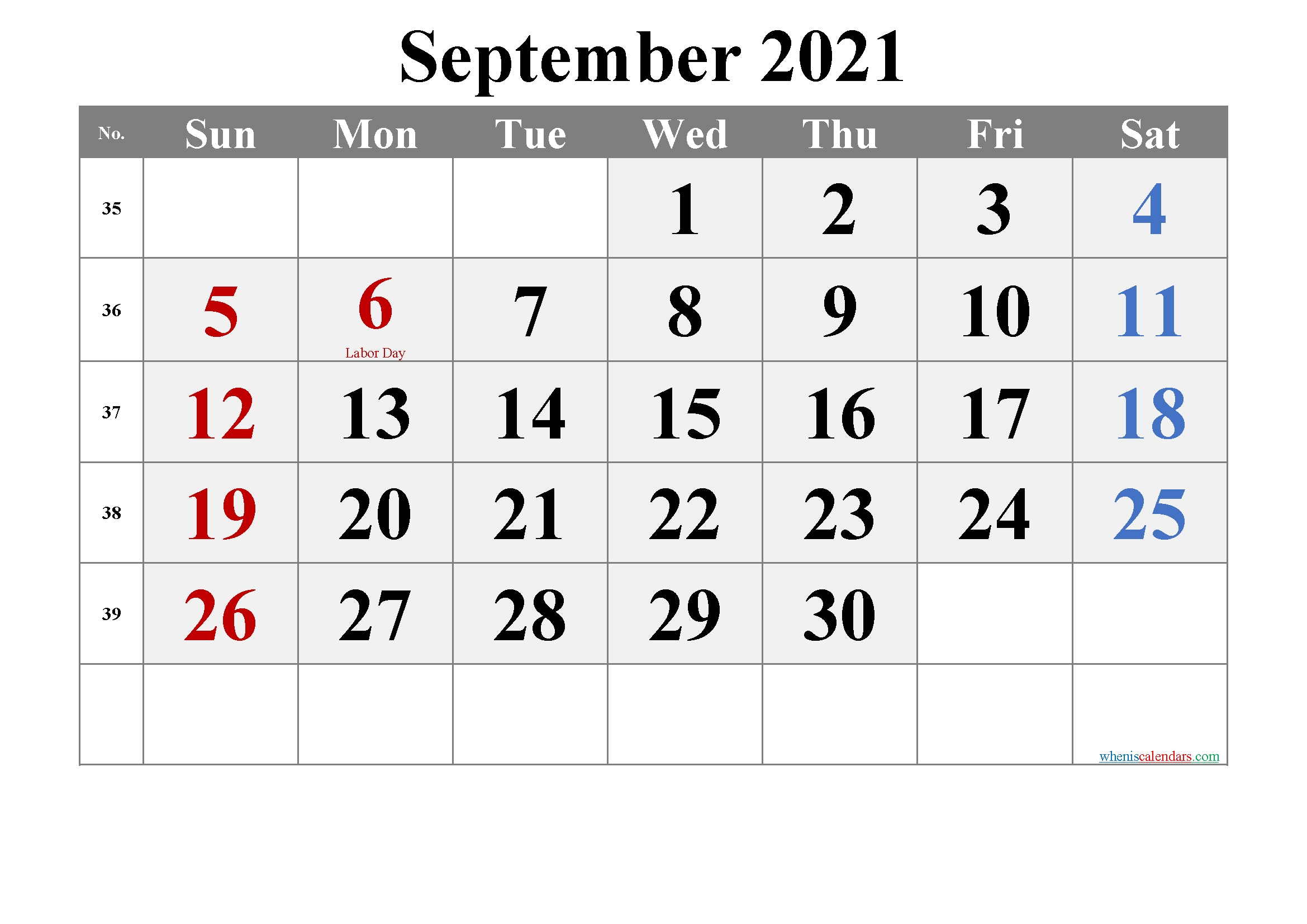 Printable September 2021 Calendar With Holidays-Template