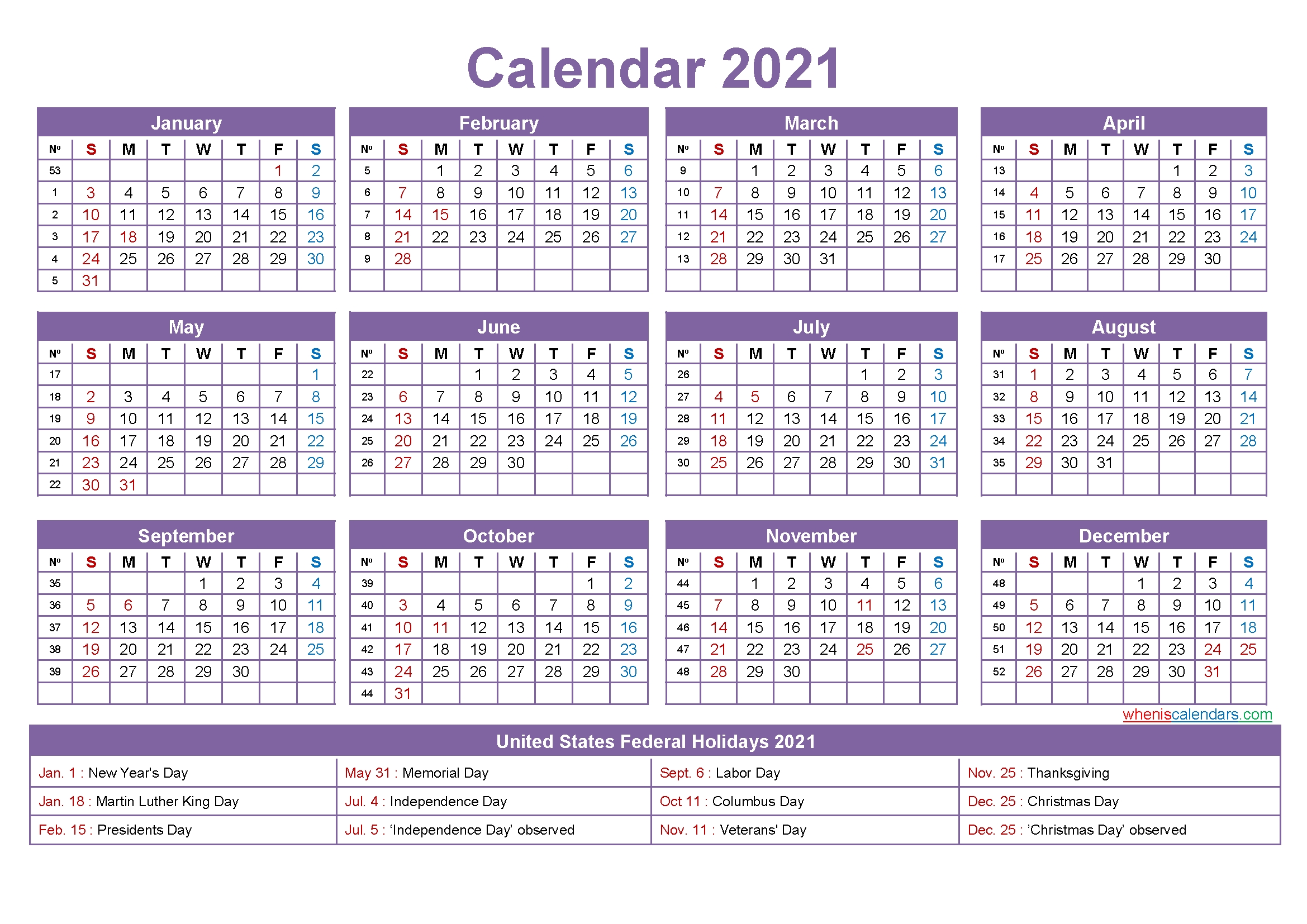 Printable Yearly 2021 Calendar With Holidays Word, Pdf