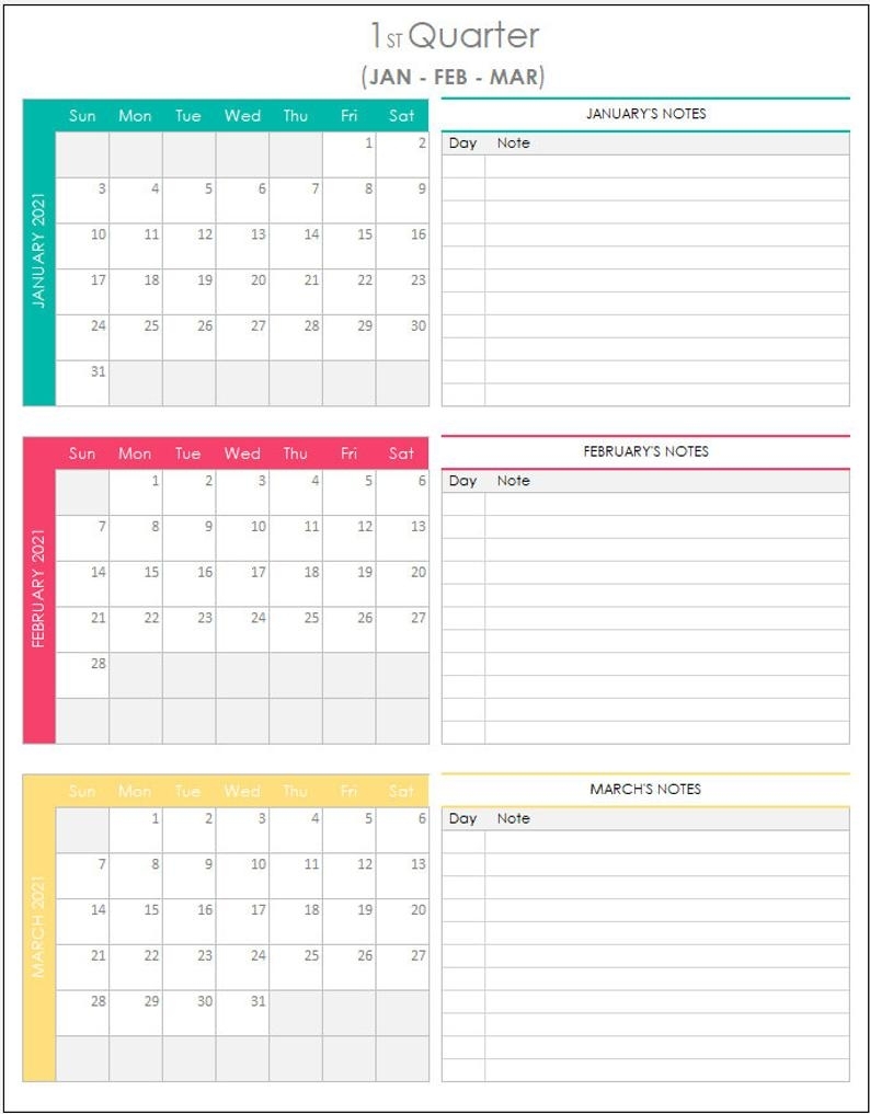 Quarterly Calendar 2021 Excel Template | Etsy