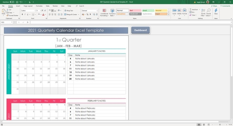 Quarterly Calendar 2021 Excel Template | Etsy