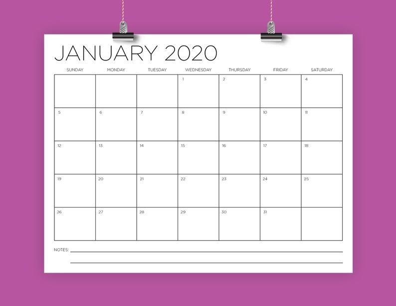 Sale 8.5 X 11 Inch 2020 Calendar Template Instant Download